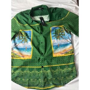 NOVA‎ MEN Green Tropical Beach Scene Button Up Shirt Size Medium